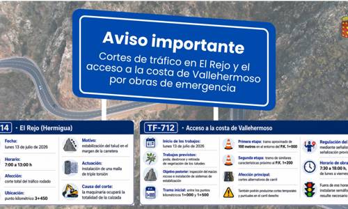 Imagen de El Cabildo informa de cortes de tráfico en El Rejo y el acceso a la costa de Vallehermoso por obras de emergencia